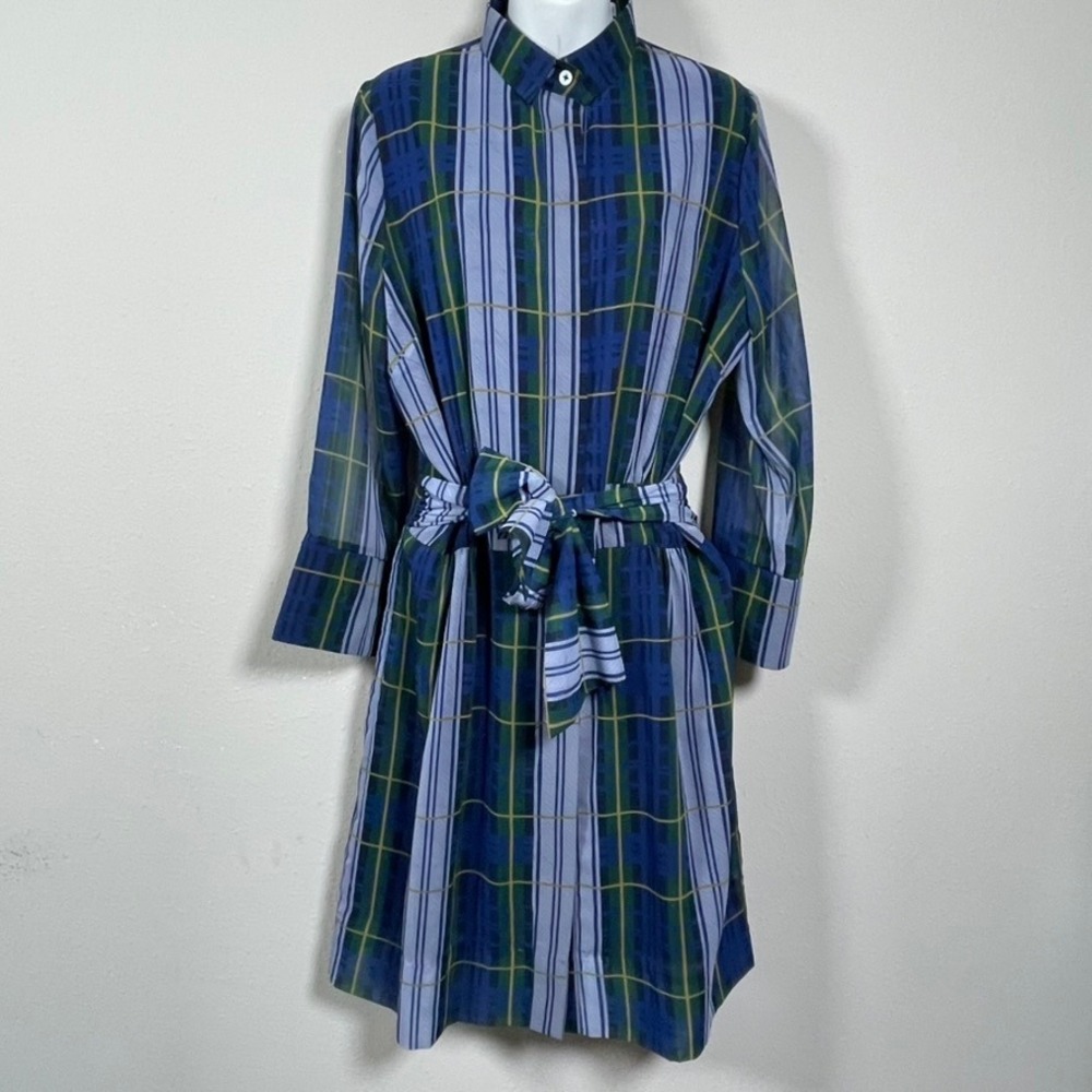 Gretchen Scott Shirt Dress L Blue Green Dark Academia Modest Plaid Belted Pocket - Picture 1 of 12